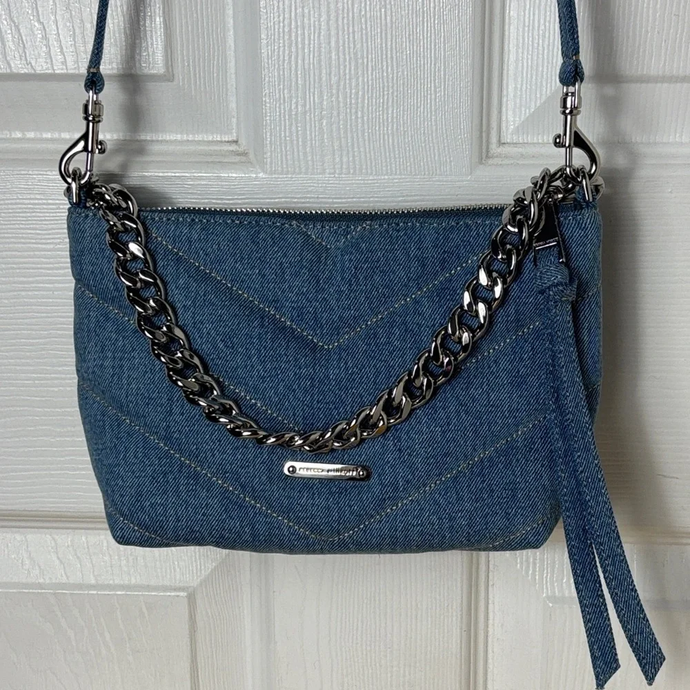 NEW REBECCA MINKOFF Edie Crossbody Quilted Denim heavy chain strap shoulder bag - Picture 2 of 11